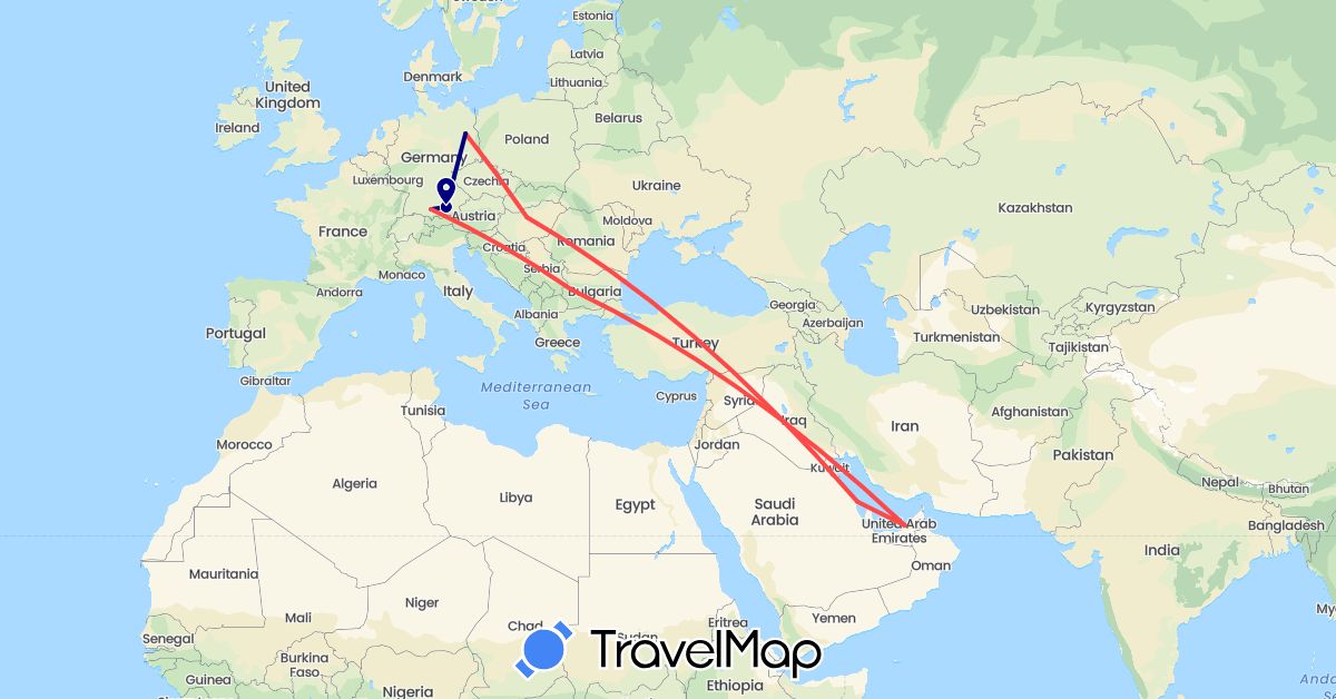 TravelMap itinerary: driving, hiking in United Arab Emirates, Bulgaria, Germany, Hungary, Saudi Arabia (Asia, Europe)